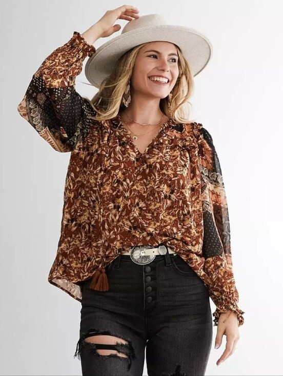 Miss Me Tops - Miss Me Paisley Bohi Rust Color Mix Printed Woven Top